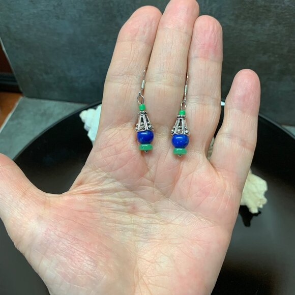 Blue Green & Silver Ethnic Look Handmade Pierced Earrings LR152 - Picture 3 of 5